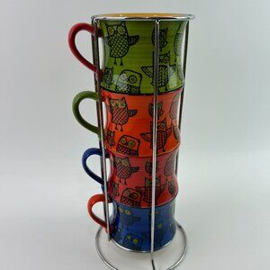 Pier 1 Owls Retro Style Hand Painted Stacking Coffee Mug Set w/ Holder Stoneware